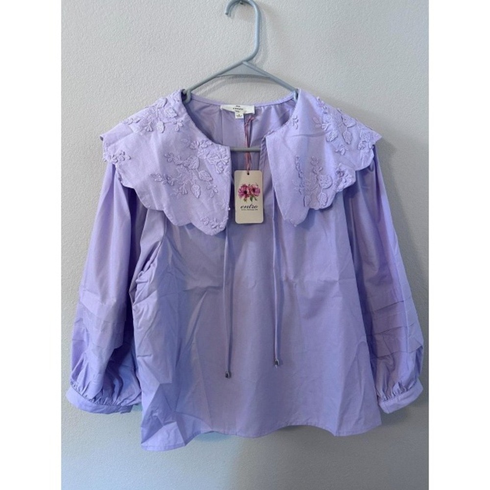 Entro Blouse S Purple NWT Embroidered Statement Collar Balloon Sleeve blouse